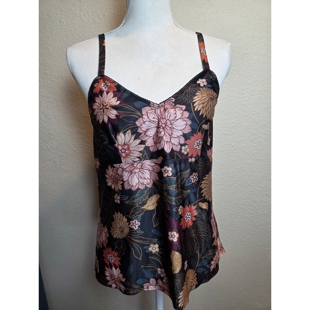 Democracy Size Medium Floral Satin Top Sleeveless Black And Pink